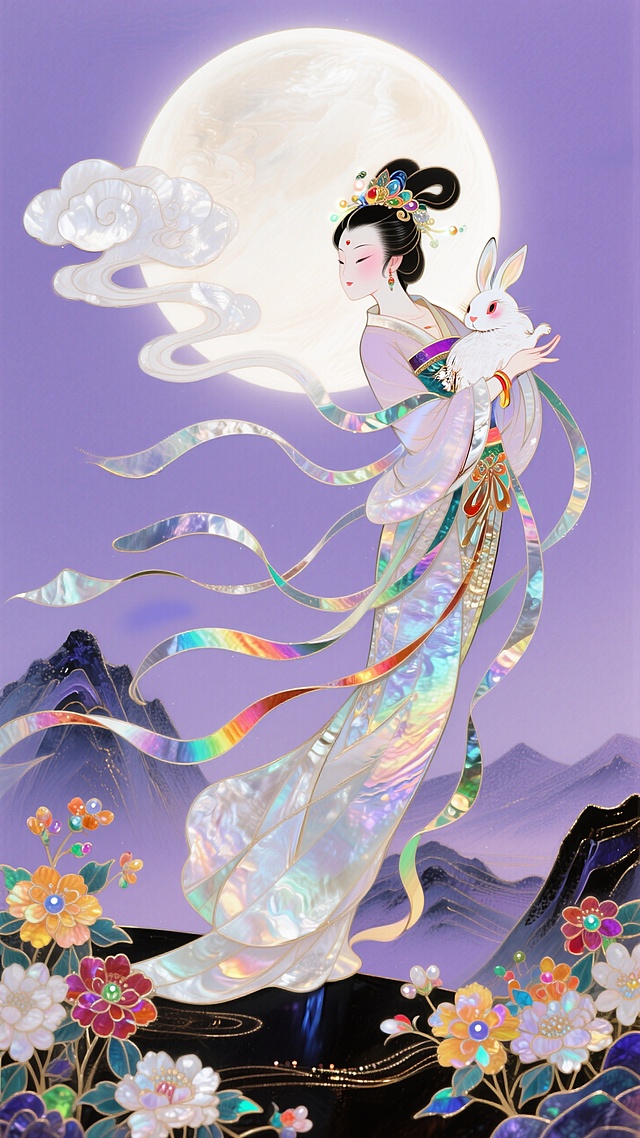 日漫风格，嫦娥怀抱玉兔奔向一轮圆月，衣摆飘逸。周围环绕着祥云和盛开的花朵，背景山脉，淡紫色底色，非常规的动态构图