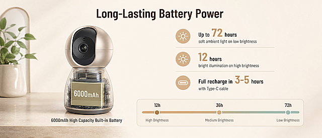 [第5屏] 本屏功能定义：亚马逊高级A+ Web端，Long-Lasting Battery Powered卖点展示，说明大容量电池续航和快充特点。
[氛围/风格] 专业性能展示，浅暖调，清晰数据可视化，简洁可信。
[元素布局] 左侧展示产品带有电池结构示意，右侧文字和续航数据说明。使用【图3】产品主体，保持钛金色金属质感和结构尺寸与输入产品图一致，半透明效果展示内部6000mAh电池。右侧分点说明续航时间和充电参数，搭配续航时长示意图。
[光影质感] 均匀柔和光线，产品结构清晰，电池示意部分通透可见，数据图表清晰可读。
[配色色系] 全局底色：#F5F0E6（浅暖米色）；图表配色：#B48A55（钛金色）+ #8FB9A8（浅蓝）；文字：#333333（深棕色）。
[视角构图] 左图右文布局，左侧产品占比约50%，右侧文字数据占比约50%，平衡布局。
[文字版式] 顶部主标题"Long-Lasting Battery Power"，首字母大写，棕色字体，居中。左侧产品下方标注"6000mAh High Capacity Built-in Battery"。右侧分点：
- Up to 72 hours soft ambient light on low brightness
- 12 hours bright illumination on high brightness
- Full recharge in 3-5 hours with Type-C cable
底部添加续航时间进度条示意，从12h到72h。所有文字英文，无中文字符，排版清晰。
[比例分辨率] 1464×600宽高比，4K分辨率，文字清晰可辨。
[负向提示词] 产品结构变形，数据错误，文字错乱，颜色偏差，水印，中文字符，价格信息，引导好评，站外导流。