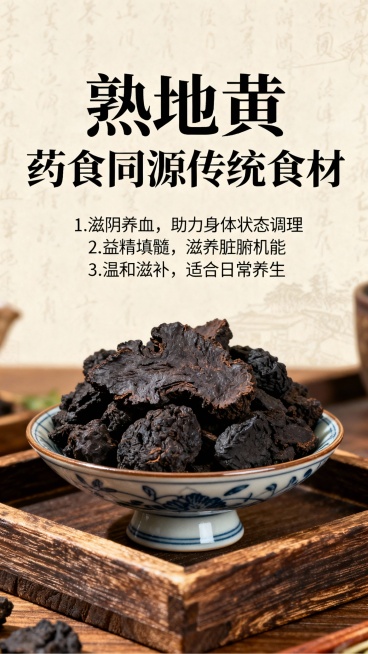 制作一张9:16的电商详情图，主要是介绍熟地黄的功效，但是要求避免一些拼多多的违规词预览效果