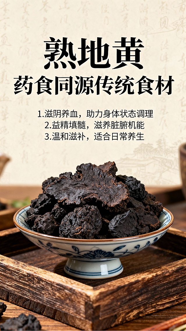 制作一张9:16的电商详情图，主要是介绍熟地黄的功效，但是要求避免一些拼多多的违规词