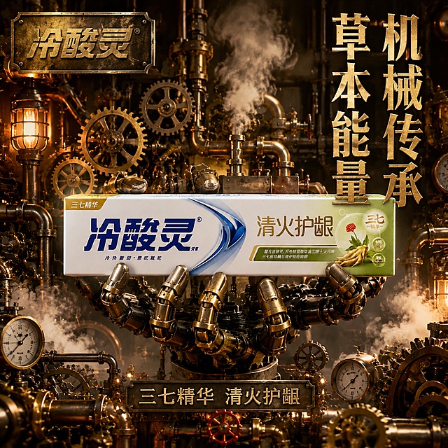 [主图-3] 冷酸灵清火护龈牙膏 蒸汽朋克工业风 金属机械复古
[氛围风格] 蒸汽朋克工业风 黄铜齿轮 机械管道 复古科幻
[画质] 超高清蒸汽朋克3D渲染质感 金属质感强烈 光影厚重 画面机械复古
[元素] 画面中央冷酸灵清火护龈牙膏管被黄铜机械爪托举着 产品外观与输入产品图绝对一致 杜绝变形色差 精细化处理 商品主体占比约45% 周围是蒸汽朋克风格的黄铜齿轮 管道 压力表 蒸汽阀门 背景是工业风金属墙壁 铜色管道纵横 有蒸汽冒出 齿轮转动 暖橙色灯光 整体黄铜+深棕色调 机械复古感强 画面满屏无边框
[光影] 暖橙色工业灯光 从侧面打亮 金属表面有强烈高光和反射 齿轮和管道有厚重阴影 蒸汽被光线照亮 整体暖橙+铜色调 光影厚重 工业感强
[配色] 主色黄铜+深棕 辅色蒸汽白+冷酸灵蓝+暖橙灯光 背景工业金属棕
[视角构图] 正面平视 产品居中被机械爪托举 齿轮管道环绕四周 景深大 空间纵深感强
[文字版式] 画面左上角黄铜金属牌logo"冷酸灵" 做旧效果 右上角竖排大标题"草本能量 机械传承"超大号黄铜色粗体 带金属质感 分两行 底部一行蒸汽风格小字"三七精华 清火护龈"铜色细体 文字带金属质感和做旧效果 放在负空间 不遮挡产品主体 蒸汽朋克风
[输出要求] 1:1比例 文字清晰锐利 超高清蒸汽朋克3D渲染质感
[负向提示词] 变形 文字错乱 产品图模糊 背景杂乱 水印 电商平台Logo