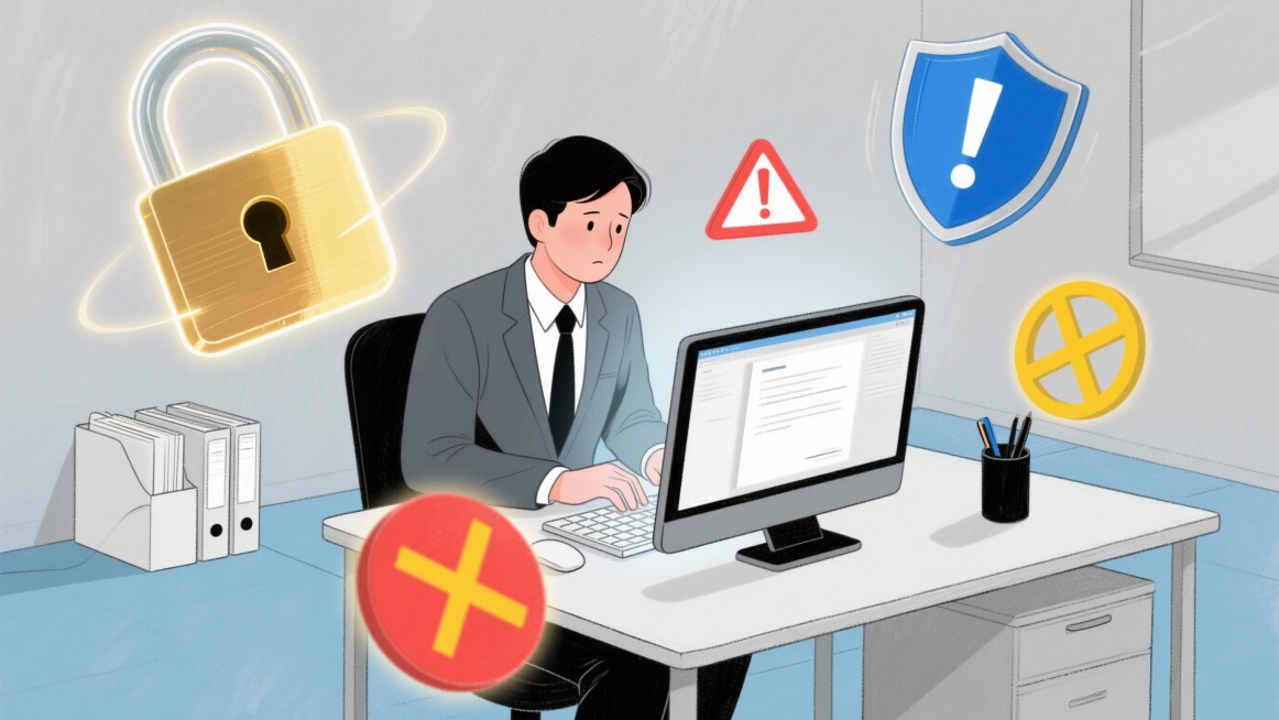 帮我生成图片：
风格：半写实办公插画（简洁线条 + 柔和质感，适配职场场景传播）
主体元素：
中心人物：身着职业装的员工坐在办公桌前，双手搭在键盘上，表情专注但眉梢带一丝警觉（呼应 “警惕” 核心），预览效果