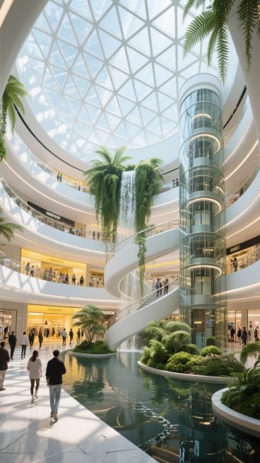 超现实未来主义风格商场内部全景，巨大的几何菱形玻璃穹顶覆盖中庭，阳光透过玻璃在地面形成破碎光斑，多层螺旋式白色回廊环绕中央绿植瀑布，金属质感扶手搭配垂直悬挂的蕨类植物，透明观光电梯在曲线形玻璃幕墙旁缓缓上升，底层水景倒映着空中花园，购物人群穿着时尚休闲装漫步其间，暖黄色店铺灯光与冷色调建筑结构形成鲜明对比，整体呈现出科技感与自然元素的完美融合，空间层次丰富，光影交错，营造出梦幻而富有活力的购物……预览效果