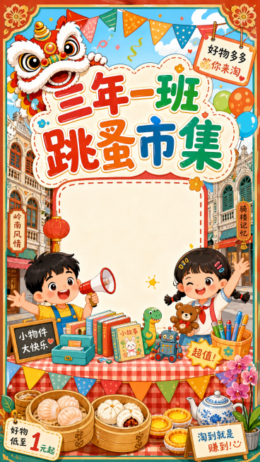 一张岭南特色的小学生跳蚤市场班级摊位海报，融入醒狮、骑楼、早茶点心等岭南元素，主标题文字是“三年一班跳蚤市集”，色彩鲜艳活泼，适合小学生活动氛围，设计充满童趣，排版清晰，有摊位装饰风格预览效果