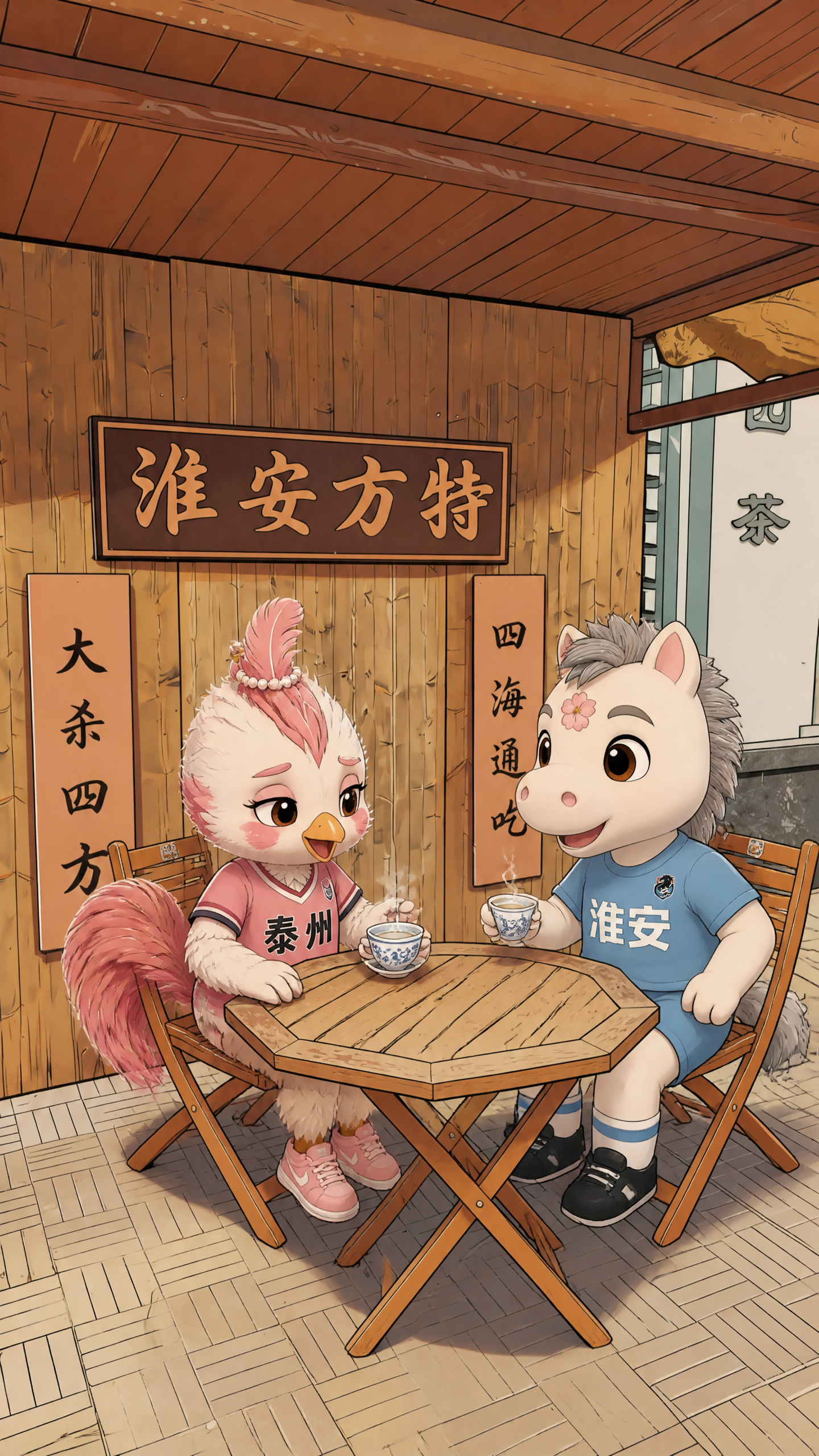 以第一张图的中式木质茶馆户外场景为背景，保持场景的手绘插画风格… - 图片创意预览