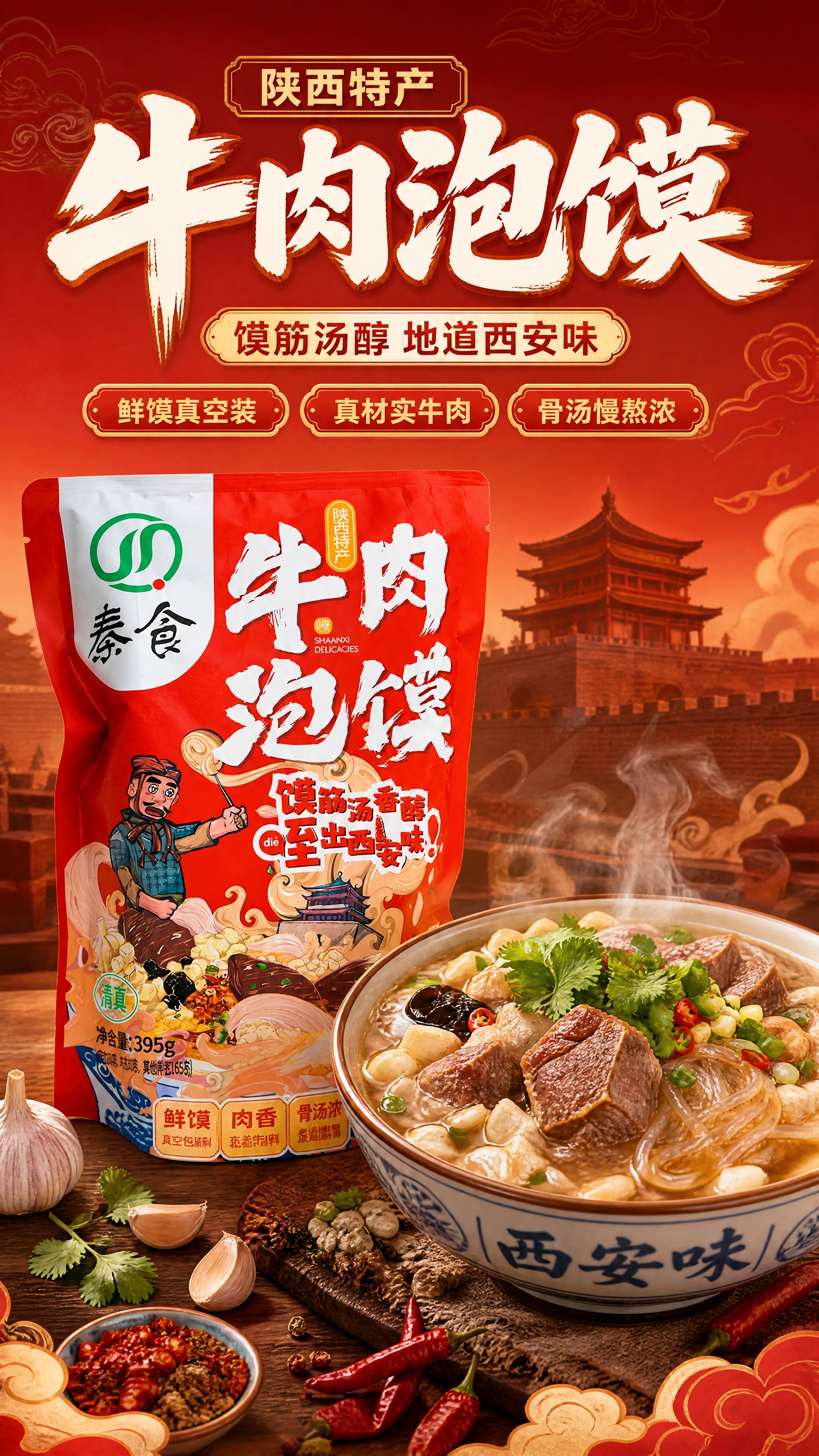 [商品] 使用【图2】秦食牛肉泡馍红色包装袋正面图；保留包装整… - 图片创意预览