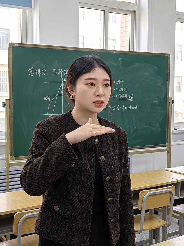 参考图中年轻东亚女性，黑色中长发，脸型圆润，五官精致，佩戴精致耳环，身穿深棕色粗花呢外套，内搭黑色上衣，在教室黑板前右手抬起掌心向下做按压手势，表情专注，正在课堂上强调重点的讲解姿态，背景是绿色黑板和明亮教室环境，自然光照明，写实摄影风格，高清画质，半身照