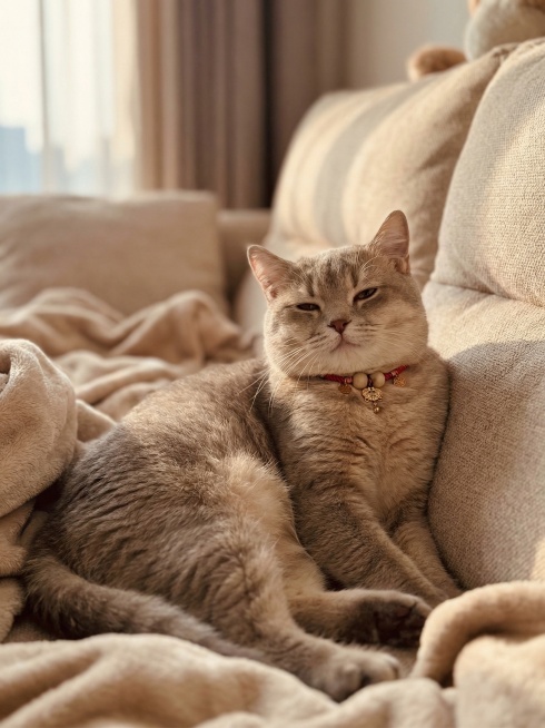 将这只灰色英短猫换到一个舒服的布艺沙发上，保持猫咪主体外形、项圈装饰不变，让猫咪呈现出一脸享受的表情，整体画面温馨自然，光影柔和预览效果