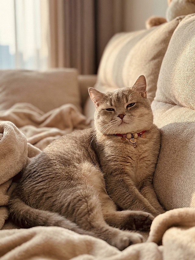 将这只灰色英短猫换到一个舒服的布艺沙发上，保持猫咪主体外形、项圈装饰不变，让猫咪呈现出一脸享受的表情，整体画面温馨自然，光影柔和