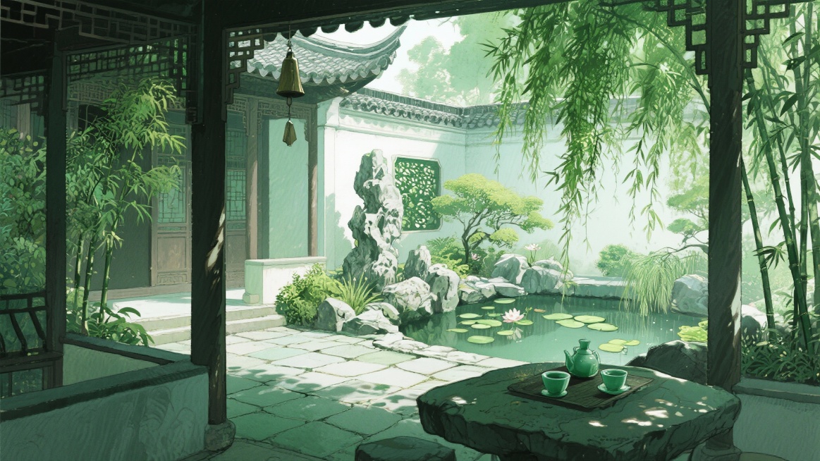 古风，绿色，庭院，不要人，二次元，细节丰富，生成2张预览效果