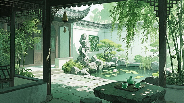 古风，绿色，庭院，不要人，二次元，细节丰富，生成2张