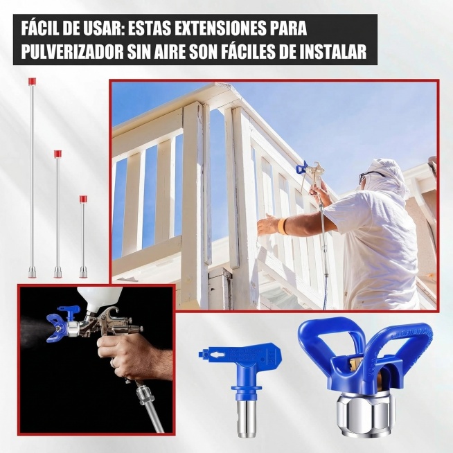 基于原图，保留整体构图、红色边框和产品应用场景，将标题英文替换为西班牙语：EASY TO USE: THESE AIRLESS PAINT SPRAYER EXTENSIONS ARE EASY FO预览效果