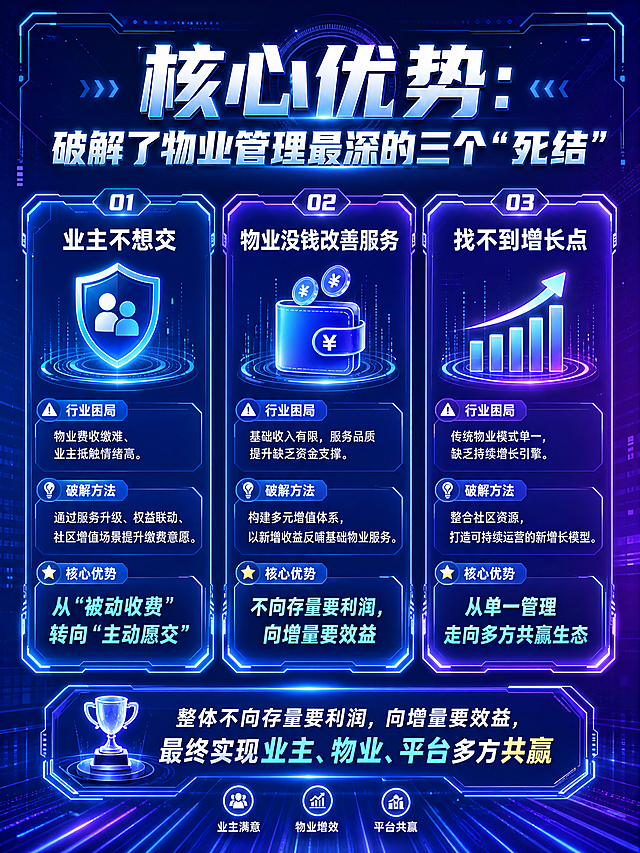 电子科技风信息图，展示物业管理新模式核心优势，包含大标题“核心优势：破解了物业管理最深的三个“死结”，分三栏内容分别为“业主不想交”“物业没钱改善服务”“找不到增长点”三个行业困局，对应破解方法和核心优势文案，使用蓝紫渐变科技感背景，发光粒子和几何线条装饰，文字清晰排版，整体不向存量要利润，向增量要效益，最终实现多方共赢