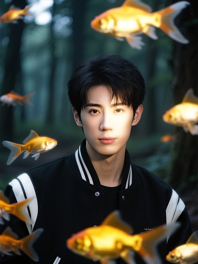 森林少年，环绕动态模糊的金鱼，金鱼发光，梦核暗调。脸部一束光，奶油肌，特写