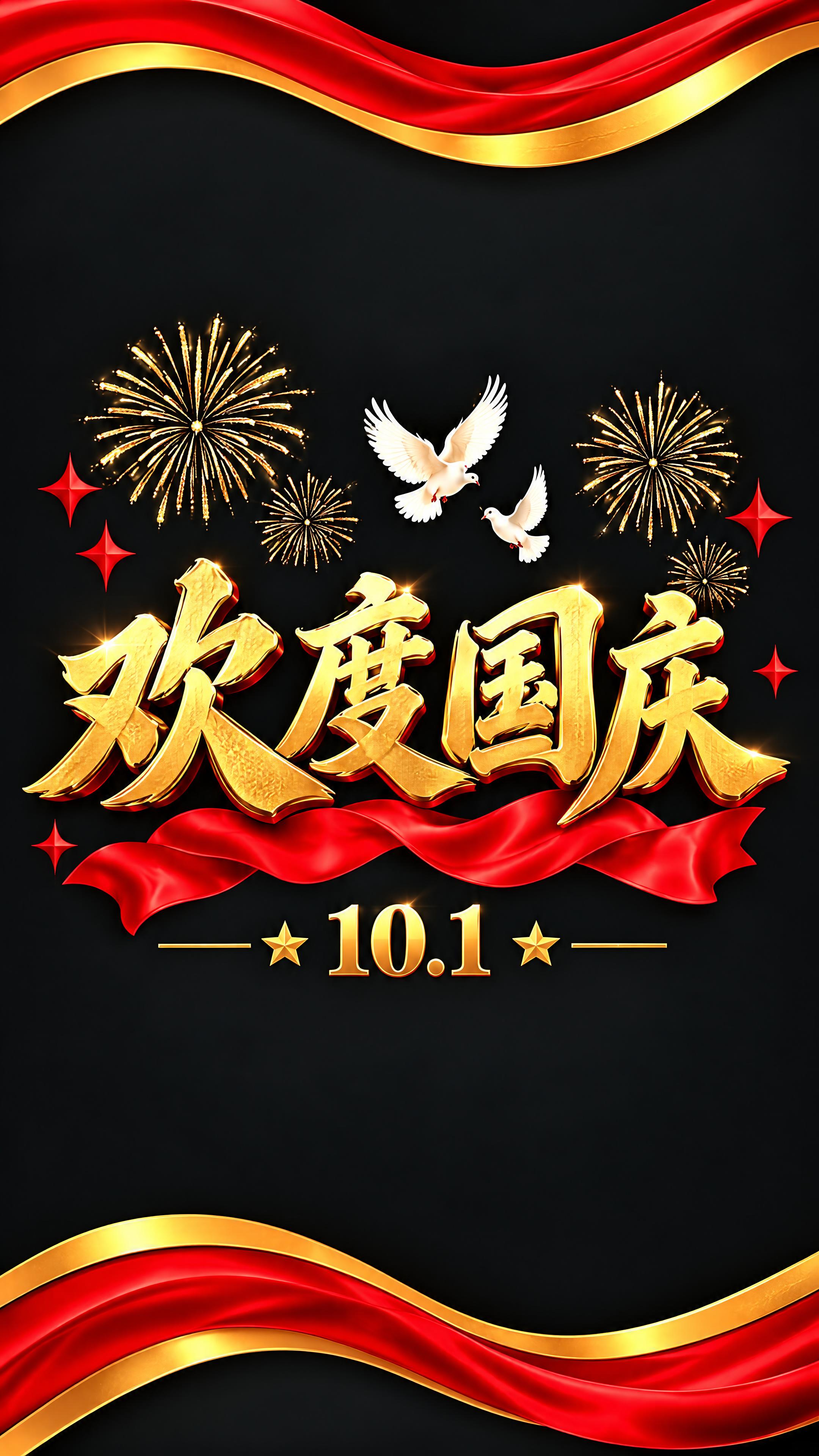 第2扇玻璃贴：黑色背景，顶部和底部红金波浪飘带，画面中央是金色… - 图片创意预览