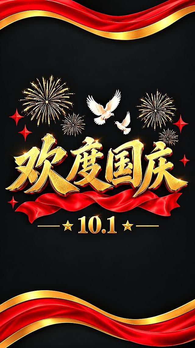 第2扇玻璃贴：黑色背景，顶部和底部红金波浪飘带，画面中央是金色立体'欢度国庆'四个大字，字下方有红色丝带和'10.1'字样配两侧红星，字上方左右有金色烟花图案和白色和平鸽飞翔，周围点缀红色四角星，居中布局，高清精致，单扇独立完整画面