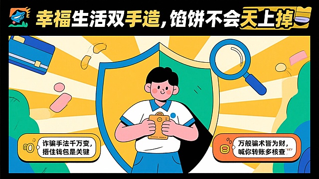 接着用同样的风格和要求生成下面4张海报：5.幸福生活双手造，馅饼不会天上掉
诈骗手法千万变，捂住钱包是关键
万般骗术皆为财，喊你转账多核查，遇骗快打“110”
6.燃气泄漏别慌张，快关阀门快开窗。
电线乱拉，引火烧家；慎放烟花，快乐全家。
森林是地球最美丽的外衣，火灾是森林最凶恶的敌人。
7.反锁门，关闭窗，出门须把小偷防。
陌生人员按门铃，不明身份易发案。
遇到窃贼要镇静，赶快拨打110。
8.心中常亮红绿灯、平安才能伴一生
道路以畅通为本、行车以安全为准
遵守交通安全法、你我平安走天下