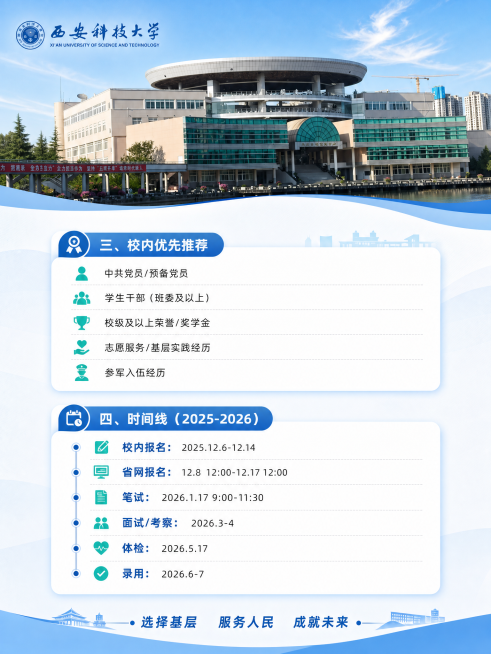 保持和第一张一致的蓝白清新风格，生成西安科技大学2026届选调生政策第二张主图，3:4比例。顶部放入图片https://gdesign-dam-hz.dancf.com/366760236103670预览效果