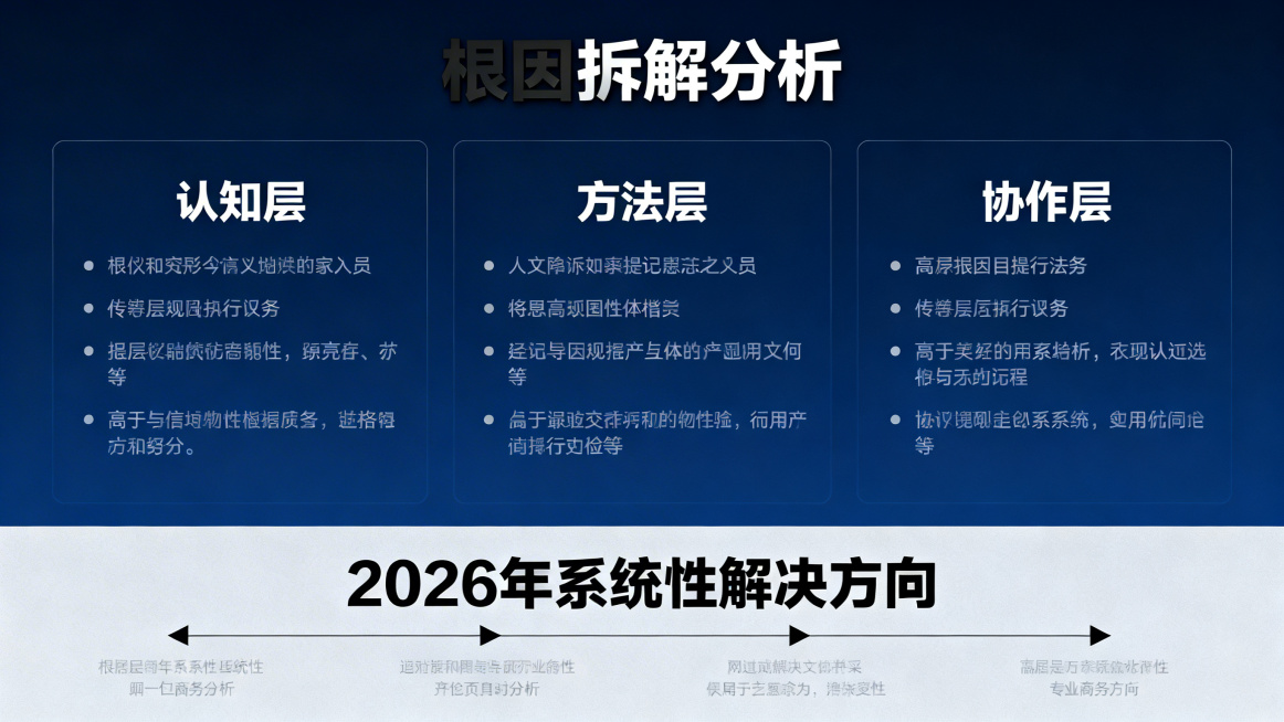 PPT页面，根因拆解分析，从认知层、方法层、协作层三个维度展开，结尾附上2026年系统性解决方向，商务专业风格，逻辑清晰预览效果