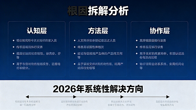 PPT页面，根因拆解分析，从认知层、方法层、协作层三个维度展开，结尾附上2026年系统性解决方向，商务专业风格，逻辑清晰