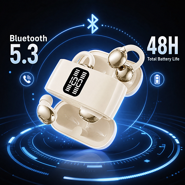 [Main Image 7] Bluetooth connectivity and long battery life function display. TikTok product image. Function visualization technology style. Commercial technology photography, clear layers, strong technology sense. The headset charging case is in the center, with blue light around to represent Bluetooth connection, 100% power displayed on the LED screen. Keep product appearance, color, structure completely consistent with input image. Product 60% of picture, blue light effect around, layered. Main soft light, blue effect as auxiliary light, highlight sense of technology. Product color main, dark gray background, highlight blue light effect. Centered composition, perspective 45 degrees. Left side English "Bluetooth 5.3", right side "48H Total Battery Life", simple layout, clear key information, comply with TikTok. 1:1 2048px 2K, ultra HD. Negative prompt: deformation, watermark, text confusion, blurred product, messy background.
