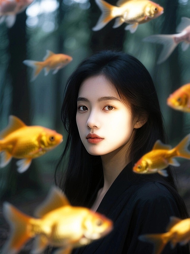 森林少女，环绕动态模糊的金鱼，金鱼发光，梦核暗调。脸部一束光，奶油肌，特写