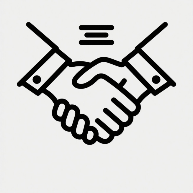 极简主义风格的握手图标，由两条手臂从两侧伸出在中央紧握双手，手腕处有简洁的袖口轮廓，手部关节以流畅的曲线和几何转折表现，握手中心点上方有三条等距的短横线作为装饰元素，整体采用纯黑色粗线条绘制，线条边缘锐利清晰，无填充色，背景为纯白色，构图对称平衡，视觉元素高度概括抽象，具有强烈的符号化特征和现代设计感。预览效果