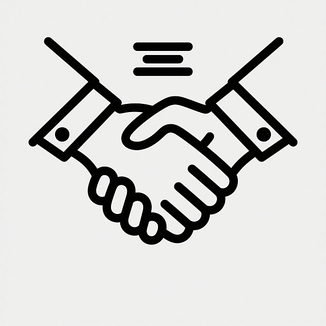 极简主义风格的握手图标，由两条手臂从两侧伸出在中央紧握双手，手腕处有简洁的袖口轮廓，手部关节以流畅的曲线和几何转折表现，握手中心点上方有三条等距的短横线作为装饰元素，整体采用纯黑色粗线条绘制，线条边缘锐利清晰，无填充色，背景为纯白色，构图对称平衡，视觉元素高度概括抽象，具有强烈的符号化特征和现代设计感。