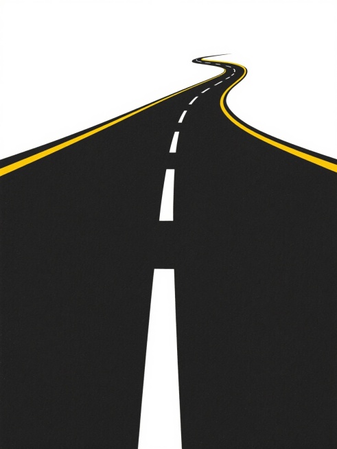 极简风格道路插画，黑色沥青路面中央有白色虚线分隔，两侧为黄色路缘线，道路呈流畅的S形曲线向远方延伸，整体线条简洁明快，色彩对比鲜明，背景为纯白色，干净无杂质，符合现实道路逻辑，适合作为背景素材使用。预览效果