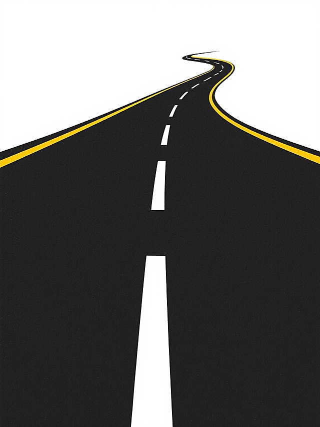 极简风格道路插画，黑色沥青路面中央有白色虚线分隔，两侧为黄色路缘线，道路呈流畅的S形曲线向远方延伸，整体线条简洁明快，色彩对比鲜明，背景为纯白色，干净无杂质，符合现实道路逻辑，适合作为背景素材使用。