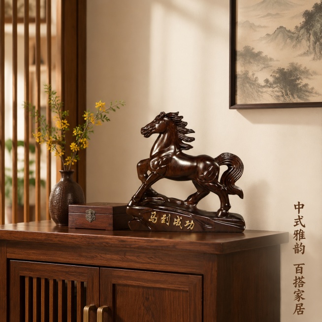 「图片1」，生成一套主图（5张），商品名称是马到成功，卖点是实木雕刻，适配淘宝/天猫平台，主图比例为1:1预览效果