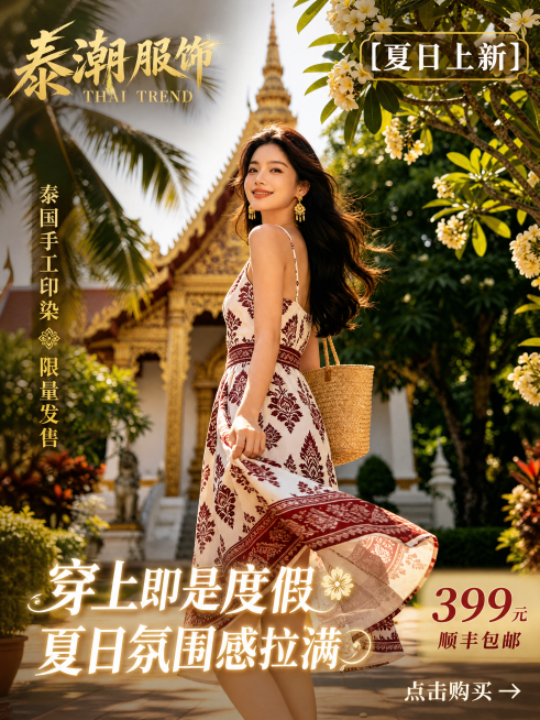 年轻亚洲女性模特，身穿泰式印花连衣裙，站在清迈古寺前的热带花园，午后阳光，整体色调为金色+暗红+白色调。整体风格是泰式异域风+现代时尚，留白适中，文字清晰不压主体。必须添加文字：左上角品牌名“泰潮服饰预览效果
