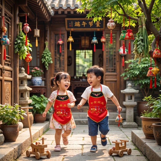 一对3岁左右的龙凤胎宝宝都穿着参考图里的红色平安宝宝福猪刺绣肚兜，在挂着端午香囊的古色古香庭院里玩耍，传统中式风格，氛围欢乐，画质清晰，1:1构图预览效果