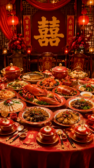 中式传统豪门婚宴大餐，红金餐具，满满一桌山珍海味，喜庆氛围预览效果