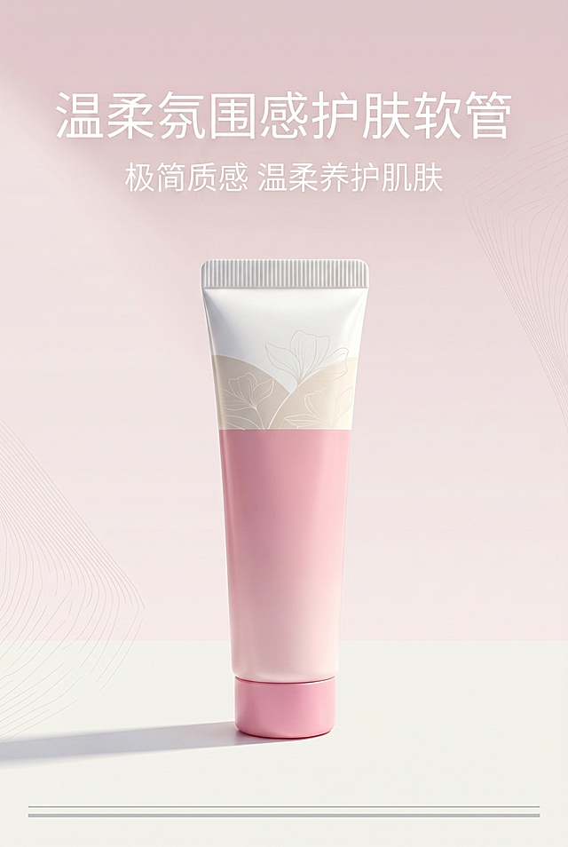 首屏海报，护肤品软管产品主视觉官宣，严格还原参考图产品包装、配色、LOGO、文字细节，精准复刻无偏差。产品比例1:1真实还原，浅粉渐变柔光背景，产品主体居中放置，画面占比40%，主标题"温柔氛围感护肤软管"位于画面上1/3居中位置，副标题"极简质感 温柔养护肌肤"位于主标题下方8px居中处，画面上下大面积留白，底部点缀2根2px浅灰色极简装饰线条，整体居中对齐，极致留白构图。高级简约ins风，柔雾莫兰迪低饱和色调，主色调为米白色、浅粉渐变，辅助色为浅奶白色，白色简约无衬线字体，柔和自然光从画面左侧45°入射，光影过渡自然，无强反光无重阴影，分辨率300dpi，高清无噪点，细线条极简几何纹理，不遮挡核心内容，整体干净温柔质感高级，适配年轻女性审美，画面比例2:3竖版