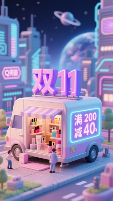 这张海报的主色调为马卡龙色，背景是充满科技感的赛博朋克都市与太空场景相融合。“双 11” 以亮眼的粉蓝紫色立体字体展示在海报中间，还有一个醒目的 “满 200 减 40” 霓虹广告牌在快递房车形状的建预览效果
