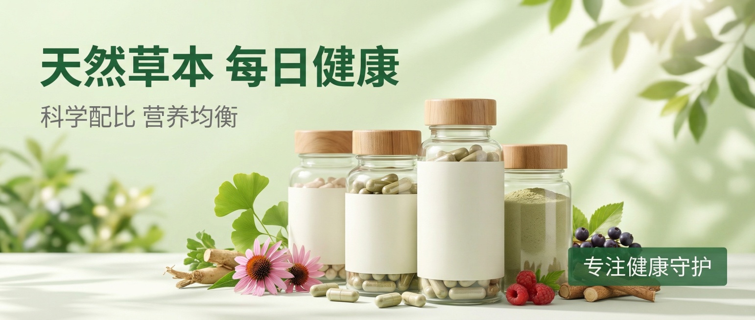 [主图 1] 保健品产品横版轮播图首图
[氛围/风格] 健康自然品质风格，柔和自然光漫射，高级干净专业感。
[画面元素] 保健品瓶装产品居中展示，背景融入干净浅绿自然健康场景，点缀新鲜草本原料，阳光透预览效果