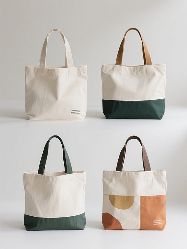 一组4个不同配色、不同样式、不同材质的帆布包元素，采用干净简约的设计风格，符合现实逻辑，适用于素材使用。每个帆布包保持统一的简约现代感，白色背景上展示，光线柔和均匀，无明显阴影，突出包袋本身的细节。帆布包的材质质感清晰可见，包括帆布的纹理、不同材质提手的质感差异。配色方案多样，涵盖简约纯色、撞色拼接、趣味图案等不同设计样式，每个包袋的正面和背面设计有所区分，部分包袋带有简洁的文字或图形元素，排版整齐有序，整体视觉干净利落，信息传达高效，适合作为设计素材直接使用。