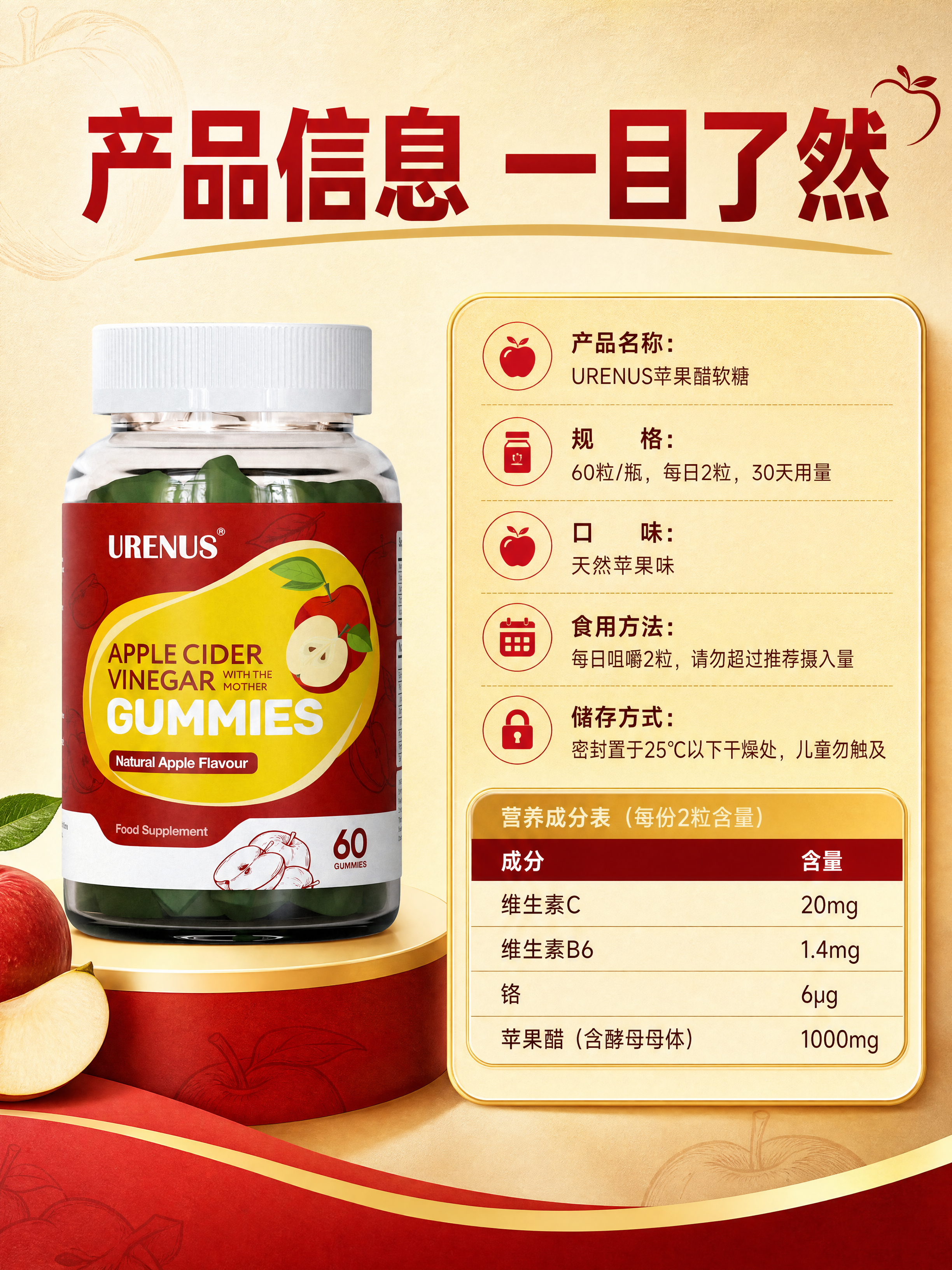 [商品] 使用【图1】URENUS苹果醋软糖产品瓶；保留瓶身所… - 图片创意预览