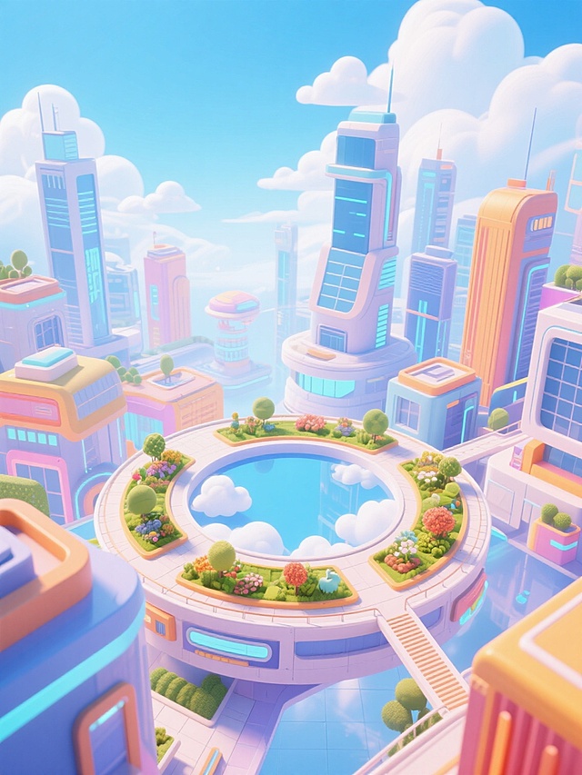未来城市景观，由未来主义建筑构成，中心是一个表面为空的圆形结构，前景有一个俯瞰蓝天白云的空中花园，场景氛围明亮欢快，采用3D卡通风格，背景色彩丰富，光线柔和流畅，色彩鲜艳，色调柔和温和，浅蓝色天空背景带有白云，3d blender，简约风格
