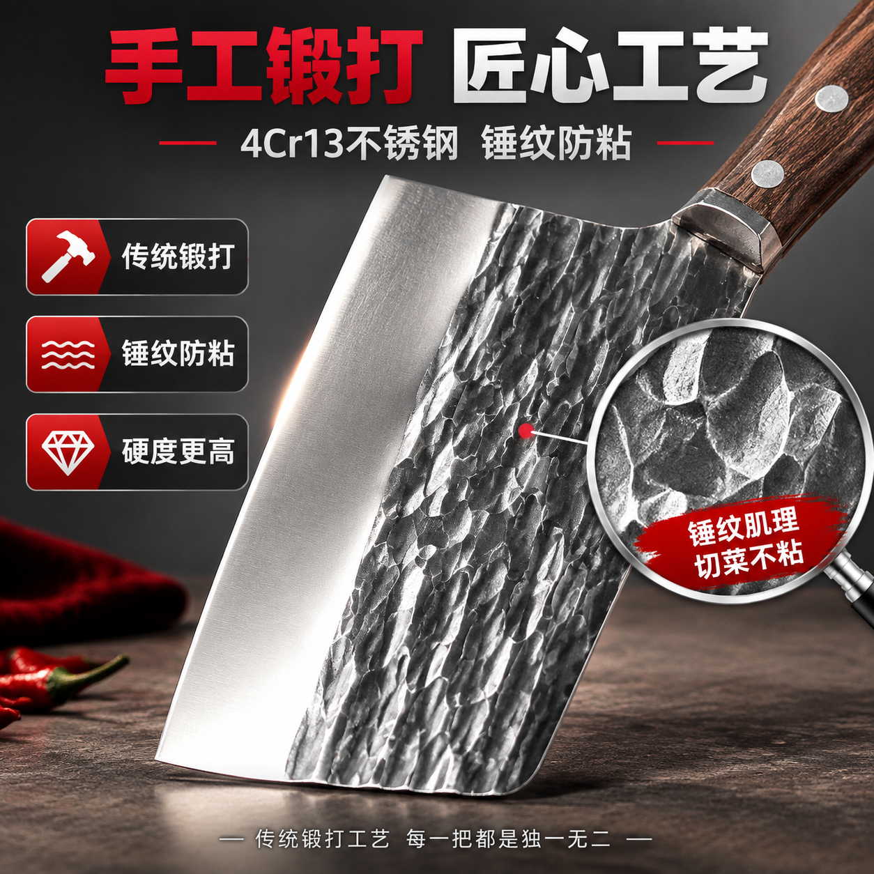 [主图-2 材质工艺] 手工锻打锤纹工艺展示 突出4Cr13不… - 图片创意预览