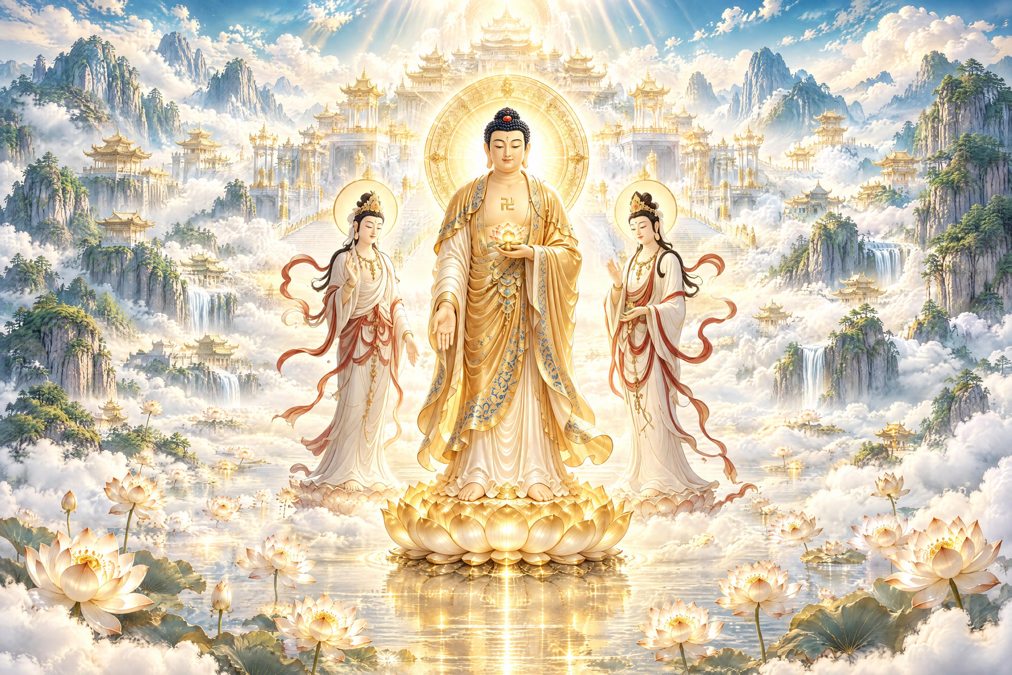 保留第一张图中央的主佛和两侧观音菩萨的形象、姿态、服饰、法器与… - 图片创意预览