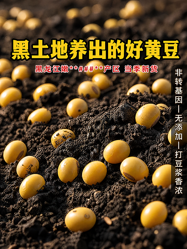 750×1000px 竖版，微距摄影，深黑色肥沃土地上铺满金黄饱满的黄豆粒，部分豆子半埋在土中，阳光照射下豆子表面有自然反光，背景虚化，突出黑土与黄豆的色彩对比，质感强烈，高清 4K。添加文字：居中偏上是黄色粗体字带黑边主标题"黑土地养出的好黄豆"，主标题下方是红色小字副标题"黑龙江嫩江核心产区 当季新货"，右侧竖排卖点标签"非转基因 | 无添加 | 打豆浆香浓"