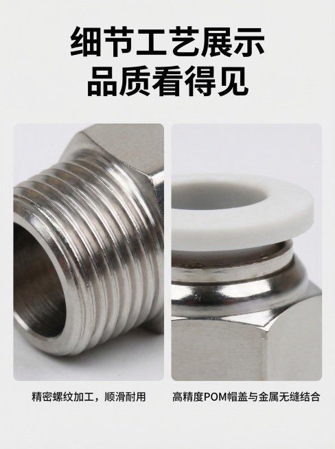 淘宝详情页产品细节模块，3:4竖版，标题文字是 "细节工艺展示 品质看得见"，展示两张拼接细节特写：一张是金属螺纹的微距特写，突出螺纹加工精度；另一张是白色POM帽盖和金属结合位置特写，突出拼接工艺，预览效果