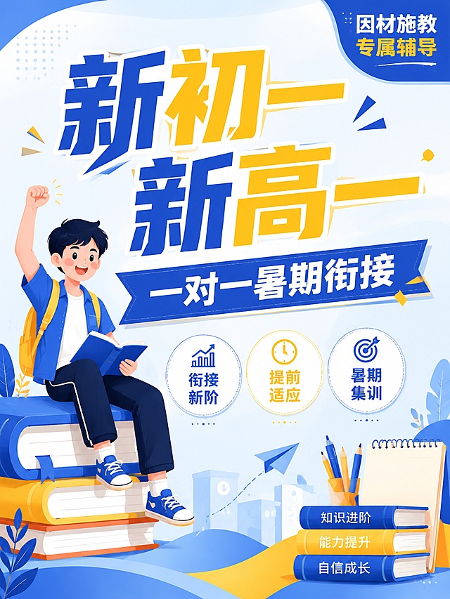 扁平插画风格教育培训海报，延续蓝黄清新配色，3:4竖版比例，突出核心文案。主标题蓝黄撞色放大写"新初一新高一"，蓝色横幅副标题写"一对一暑期衔接"，左侧男生坐在书本上举拳头加油，底部三个圆形标签写"衔接新阶"、"提前适应"、"暑期集训"，右上角蓝色块写"因材施教 专属辅导"，风格统一，主题围绕要求，禁止出现违规词汇