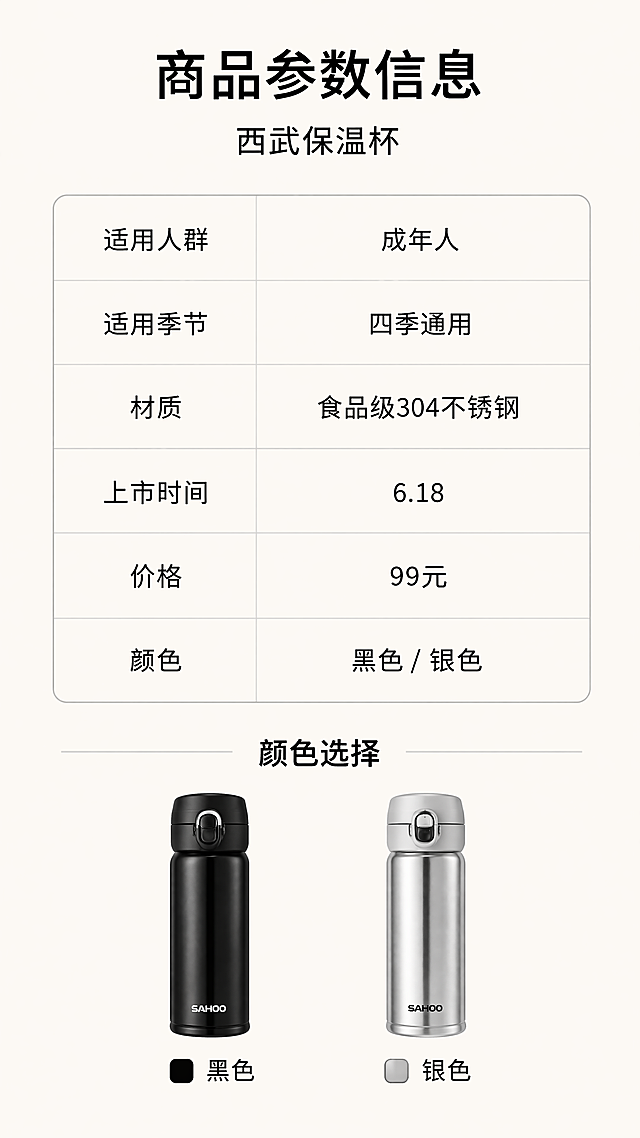 [第7屏] 规格参数信息卡，清晰展示西武保温杯基础商品信息。参考图6的商品信息整理排版。
[氛围/风格] 简约信息卡风格，干净清晰，信息一目了然。
[元素布局] 顶部产品名称，中间参数表格，底部展示黑色和银色两种颜色选项；保持信息完整，排版整齐，行距宽松。
[光影质感] 均匀柔光，文字清晰，无强烈阴影。
[配色色系] 全局底色 #F8F5F0，黑色文字，表格浅灰色边框，颜色选项分别用黑色块和银色块标注。
[视角构图] 正面排版，从上到下依次阅读。
[文字版式] 顶部大标题「商品参数信息」，表格包含：适用人群：成年人；适用季节：四季通用；材质：食品级304不锈钢；上市时间：6.18；价格：99元；颜色：黑色 / 银色；信息排版整齐，表格边框清晰，所有文字清晰可辨。
[比例分辨率] 9:16，宽度750px，4K分辨率，文字清晰可辨。
[负向提示词] 表格错乱，文字模糊，信息不全，颜色块错误