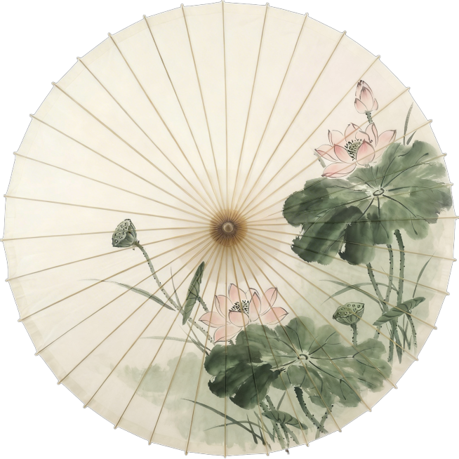 去掉画面上方莲蓬上的鸟，保留油纸伞和其余水墨荷花莲蓬的构图和风格，保持整体自然和谐预览效果