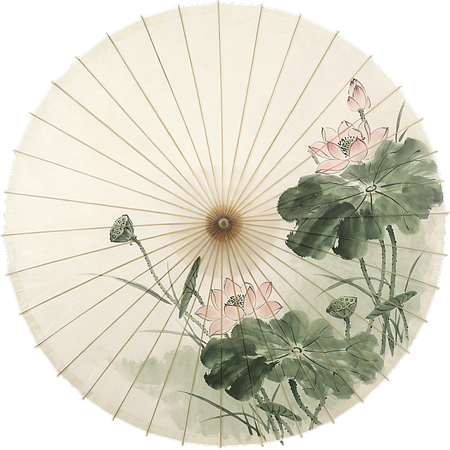 去掉画面上方莲蓬上的鸟，保留油纸伞和其余水墨荷花莲蓬的构图和风格，保持整体自然和谐