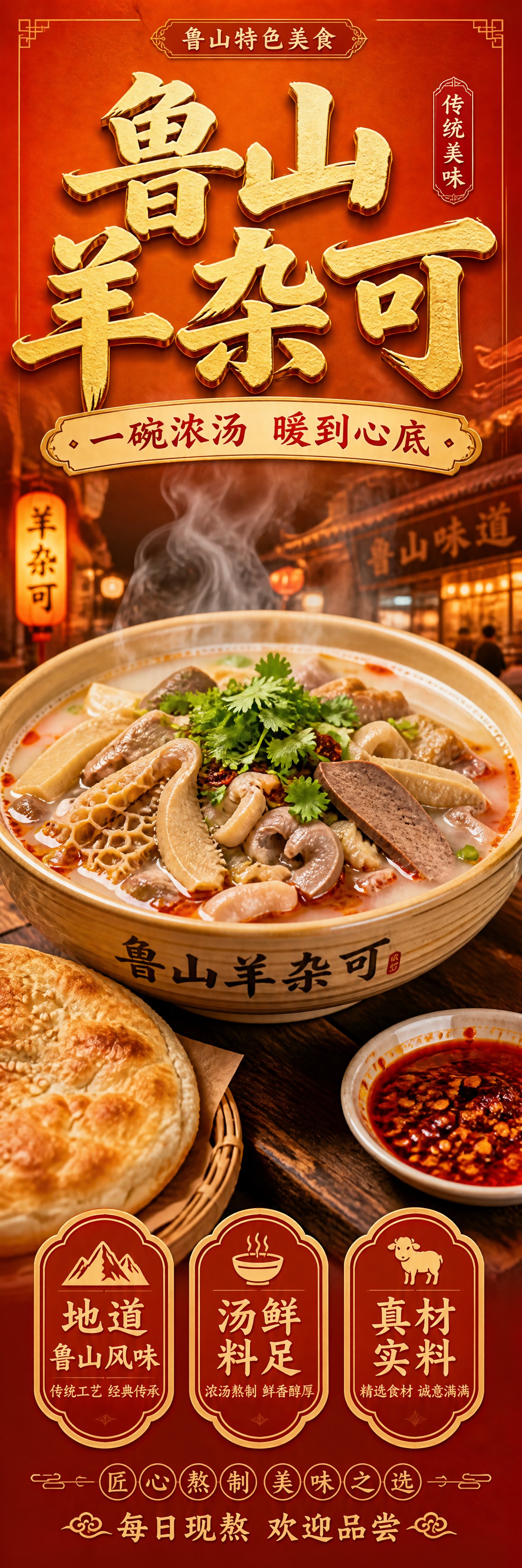 鲁山羊杂可门头柱竖版海报，超长春柱比例，写实美食摄影风格。画面… - 图片创意预览