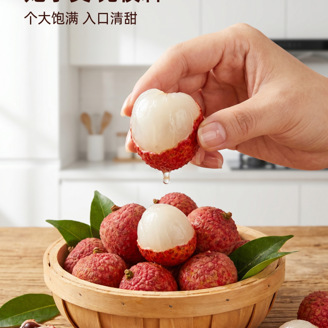 [主图 4] 贵妃笑荔枝真实食用场景，展示新鲜大果。
[氛围风格] 自然生活风，真实代入，传递享受感；
[画质] 商业摄影质感、光线柔和通透、产品清晰真实、画面干净高级，超高清。
[元素] 女生手剥妃预览效果